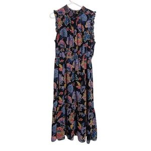 J Crew Womens Large Black Floral Sleeveless Tirered Smocked Waist Midi Dress